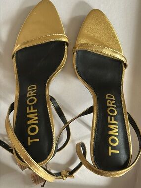 Tom Ford Gold Metallic Pointed-Toe Ankle-Strap Flats